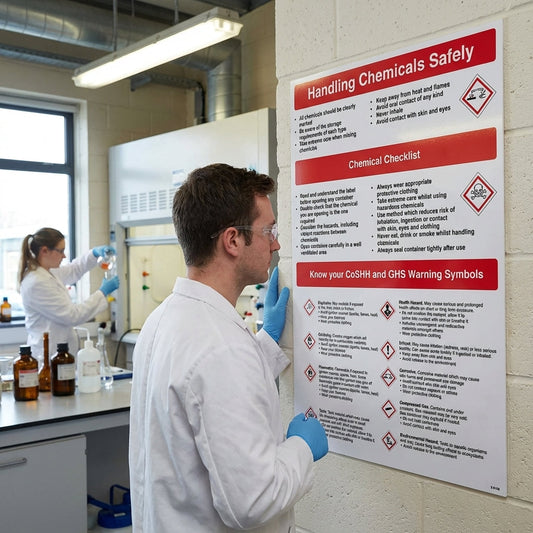 Handling Chemicals Safely Poster – 400mm x 600mm – Rigid Plastic – Indoor/Outdoor