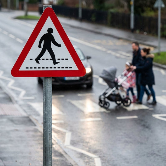 Pedestrians Crossing Ahead Reflective Traffic Sign – 600mm Triangle – Aluminium Composite – Outdoor Use (Class RA1)