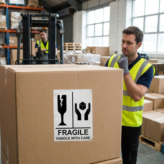 Fragile Handle With Care Labels – 75mm x 100mm – Self Adhesive Vinyl – Indoor Use