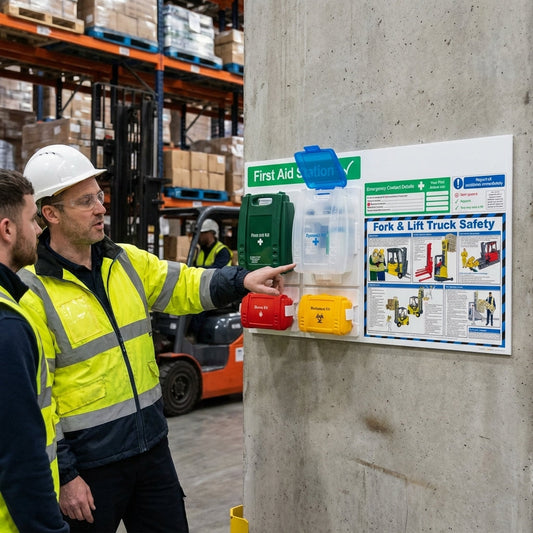 Branded First Aid Station with Fork & Lift Truck Safety Poster – 1200mm x 680mm – Rigid Correx Plastic – Workplace Safety