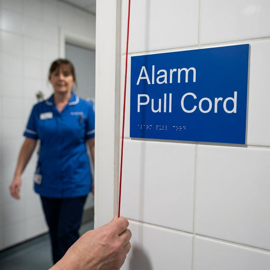 Braille Alarm Pull Cord Signs – 225mm x 150mm – 1.5mm PVC – Indoor Use
