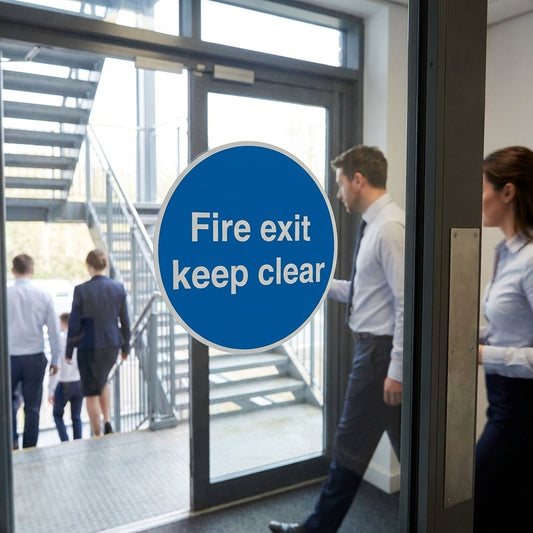 Fire Exit Keep Clear Window Sticker – 100mm x 100mm – Self-Adhesive – Indoor/Outdoor Use