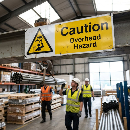 Caution Overhead Hazard Safety Signs – 1mm Rigid Plastic & Self-Adhesive Vinyl – Indoor & Outdoor Use