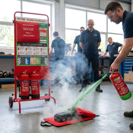 Fire Stand with Lith-Ex Battery Extinguisher & Fire Blanket – Heavy Duty – Industrial Use