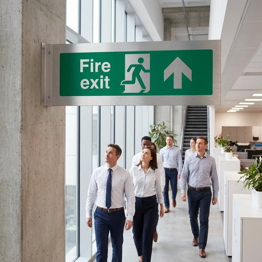 Fire Exit Arrow Ahead Sign – 300mm x 100mm – Brushed Aluminium – Indoor Safety