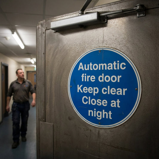 Automatic Fire Door Sign – Rigid Plastic & Vinyl – Indoor/Outdoor Use