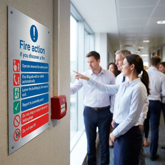 Fire Action Notice Sign – 150mm x 200mm – Brushed Aluminium – Safety Compliance