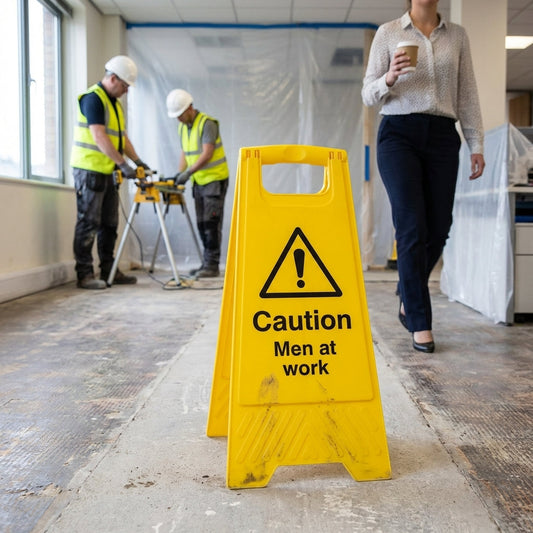 Caution Men at Work Plastic A-Board Sign – 300mm x 600mm – Polypropylene – Indoor/Outdoor Use