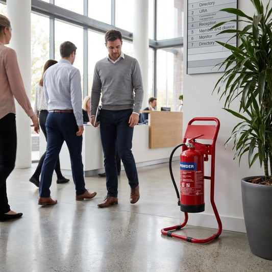 Tubular Fire Extinguisher Stands – Red, Black & Chrome – Stable Base – Commercial Use