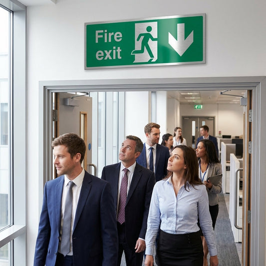 Fire Exit Arrow Down Sign – 300mm x 100mm – Brushed Aluminium – Workplace Safety