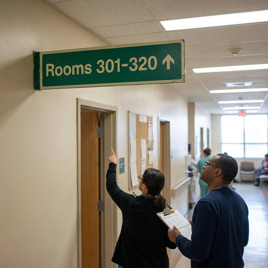 Room Number ID Signs with Arrow Up – 450mm x 150mm – Glow-in-the-Dark – Multi-Storey Buildings
