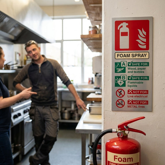 Foam Spray Extinguisher Sign – 75mm x 200mm – Brushed Aluminium – Commercial Use
