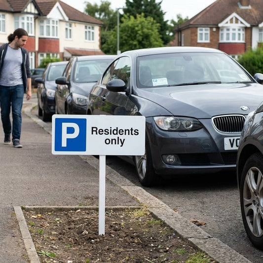 Residents Parking Only Sign with Post – 450mm x 150mm – Durable Aluminium – Outdoor Use