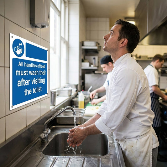 Handlers of Food Must Wash Hands After Toilet Safety Sign – 1mm Rigid Plastic – Indoor/Outdoor Use