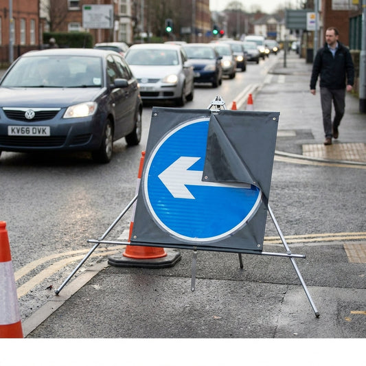 Reversible Arrow Fold-Up Road Sign – 750mm Diameter – Reflective PVC – Work-Zone Use