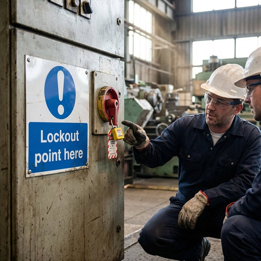 Lockout Point Here Safety Sign – 1mm Rigid Plastic – Indoor/Outdoor Use