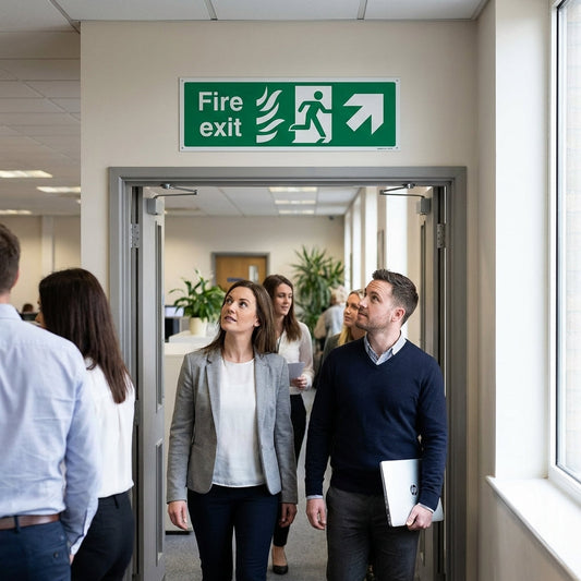 Fire Exit Sign – Arrow Up/Right – HTM Compliance – Indoor Safety