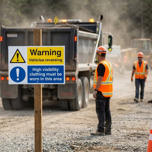 Warning Vehicles Reversing High Visibility Clothing Must Be Worn Safety Signs – 1mm Rigid Plastic & Self-Adhesive Vinyl – Indoor/Outdoor Use