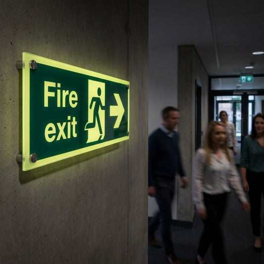 Photoluminescent Fire Exit Sign – 450mm x 150mm – Clear Acrylic with Stand-offs – Indoor & Outdoor