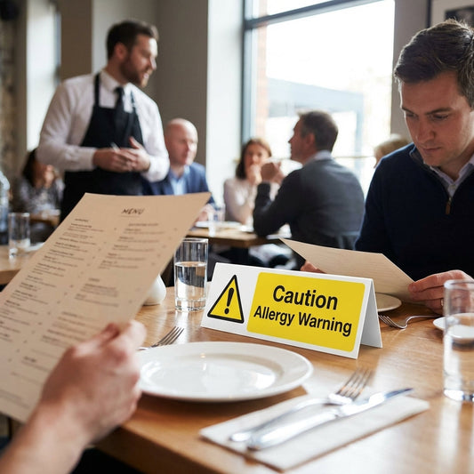 Caution Allergy Warning Table Cards – 150mm x 50mm – Rigid Plastic – Indoor/Outdoor
