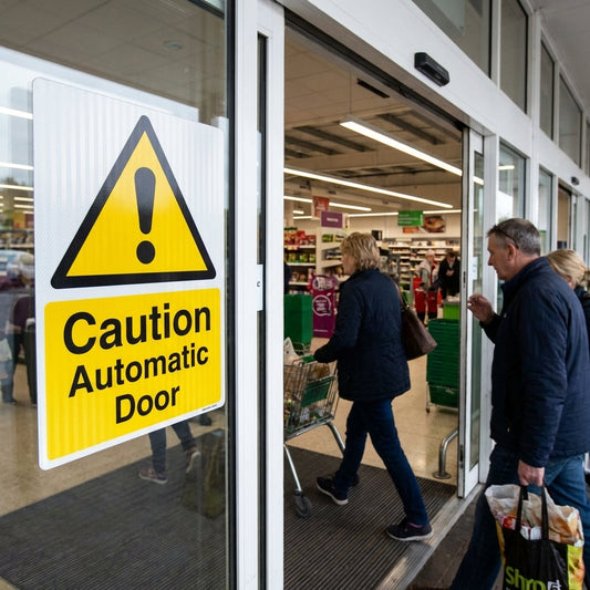 Caution Automatic Door Signs – 1mm Rigid Plastic & Vinyl – Indoor/Outdoor Use