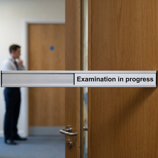 Examination Door Slider Sign – 300mm x 40mm – Anodised Aluminium – Privacy Maintenance