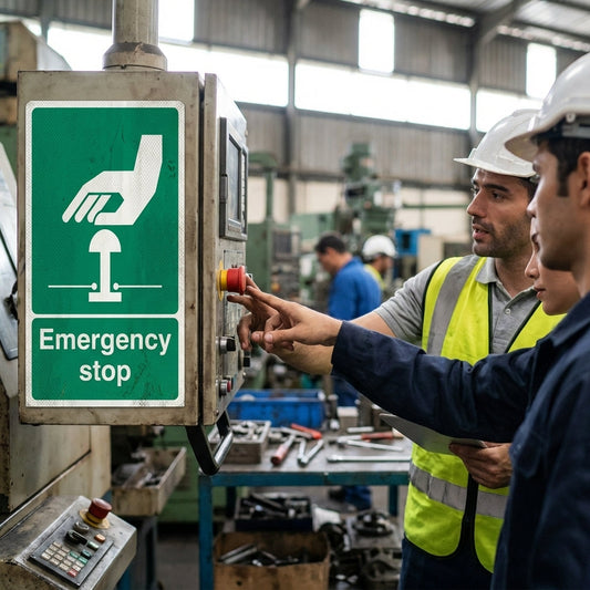 Emergency Stop Safety Signs – Green – Durable Material – Industrial Use