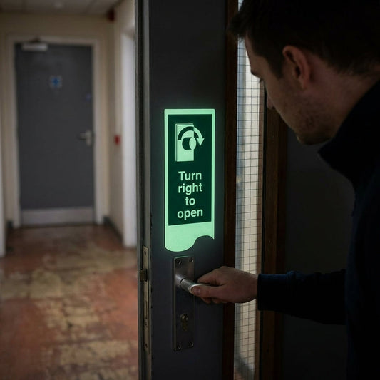 Turn Right To Open Door Plate Sign – 75mm x 300mm – Photoluminescent Rigid Plastic – Safety Compliance
