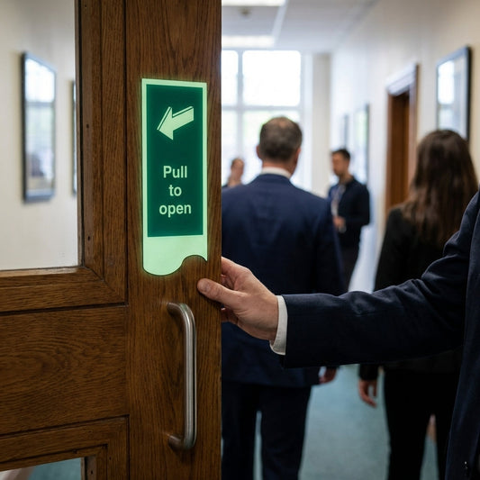 Pull To Open Photoluminescent Door Plate Sign – 75mm x 300mm – Rigid Plastic – Indoor Safety