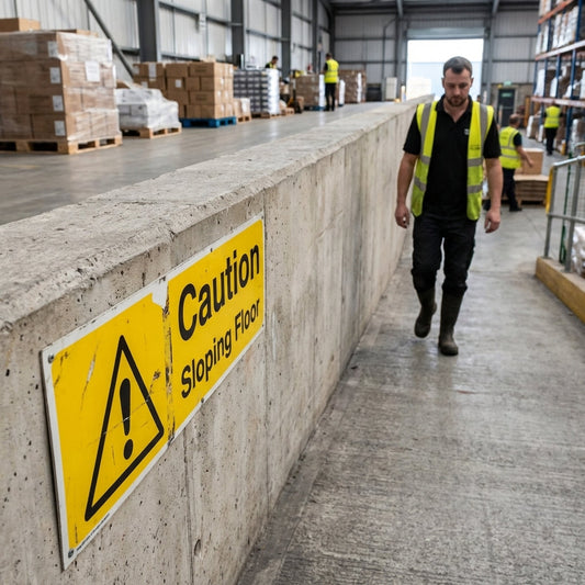 Caution Sloping Floor Safety Signs – 1mm Rigid Plastic – Indoor & Outdoor Use