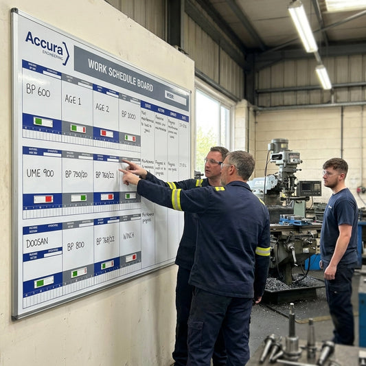 Production Machinery Schedule Magnetic Dry Wipe Board with Slider Signs – 1200mm x 1500mm – Aluminium Frame – Industrial Use