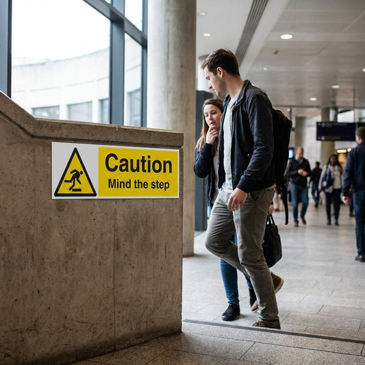 Caution Mind the Step Signs – 1mm Rigid Plastic – Indoor/Outdoor Use