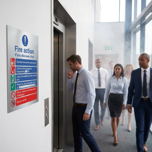 Fire Action Notice – 150mm x 200mm – Brushed Aluminium – Indoor Safety
