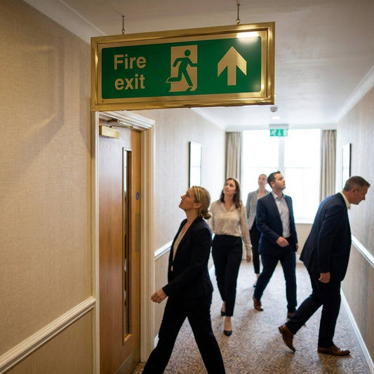 Fire Exit Sign with Running Man – 300mm x 100mm – Polished Brass – Commercial Use