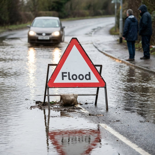 Flood Warning Reflective Temporary Road Traffic Sign – Class RA1 – Zintec Material – Industrial Use
