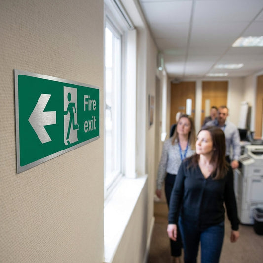 Fire Exit Sign – 300mm x 100mm – Brushed Aluminium – Indoor Safety