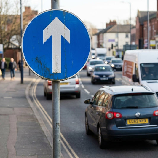 Direction Arrow Forward Reflective Traffic Sign (Class R2 Permanent) – 600mm Diameter – Aluminium Composite – Outdoor Use
