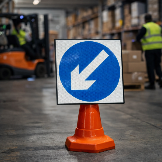 Keep Left Reflective Cone Sign – 750mm x 750mm – Polypropylene – Road Safety