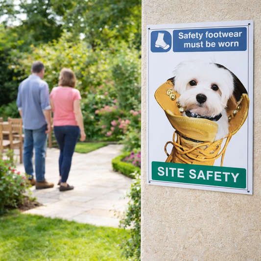 Safety Footwear Must Be Worn Dog Poster Safety Sign – 420mm x 594mm – Synthetic Paper – Indoor/Outdoor Use