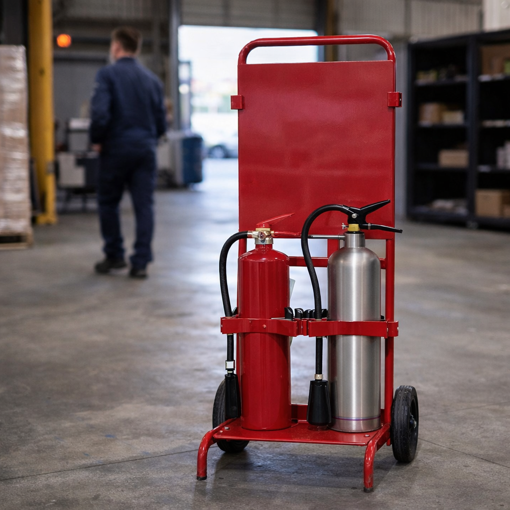 Double Fire Extinguisher Trolley – Red – Steel Construction – Industrial