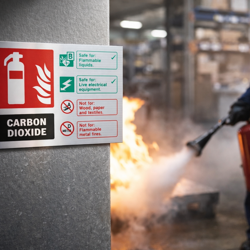 CO2 Extinguisher ID Sign – 200mm x 150mm – Brushed Aluminium – Professional Use