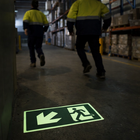Photoluminescent Way Finding Markers – Arrow Down/Left – Self Adhesive Vinyl – Indoor Use