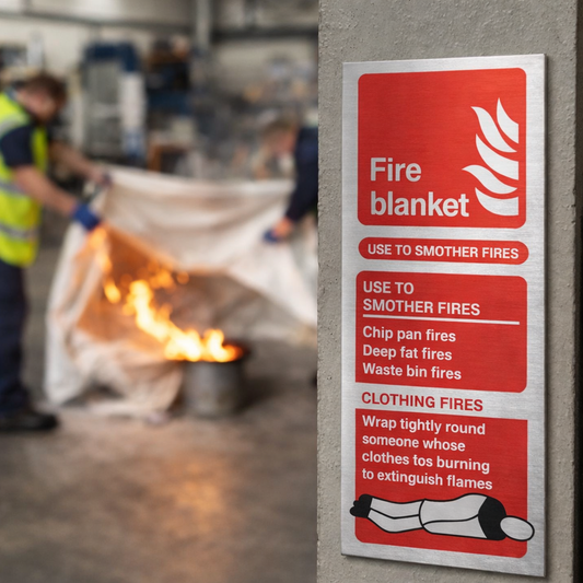 Fire Blanket Identification Sign – 75mm x 200mm – Brushed Aluminium – Industrial Use