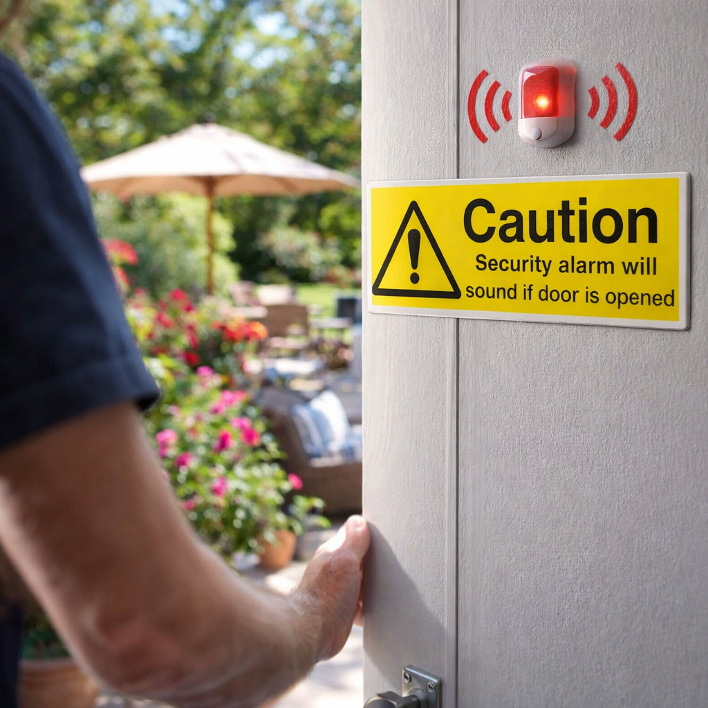 Security Alarm Warning Sign – 1mm Rigid Plastic – Indoor/Outdoor
