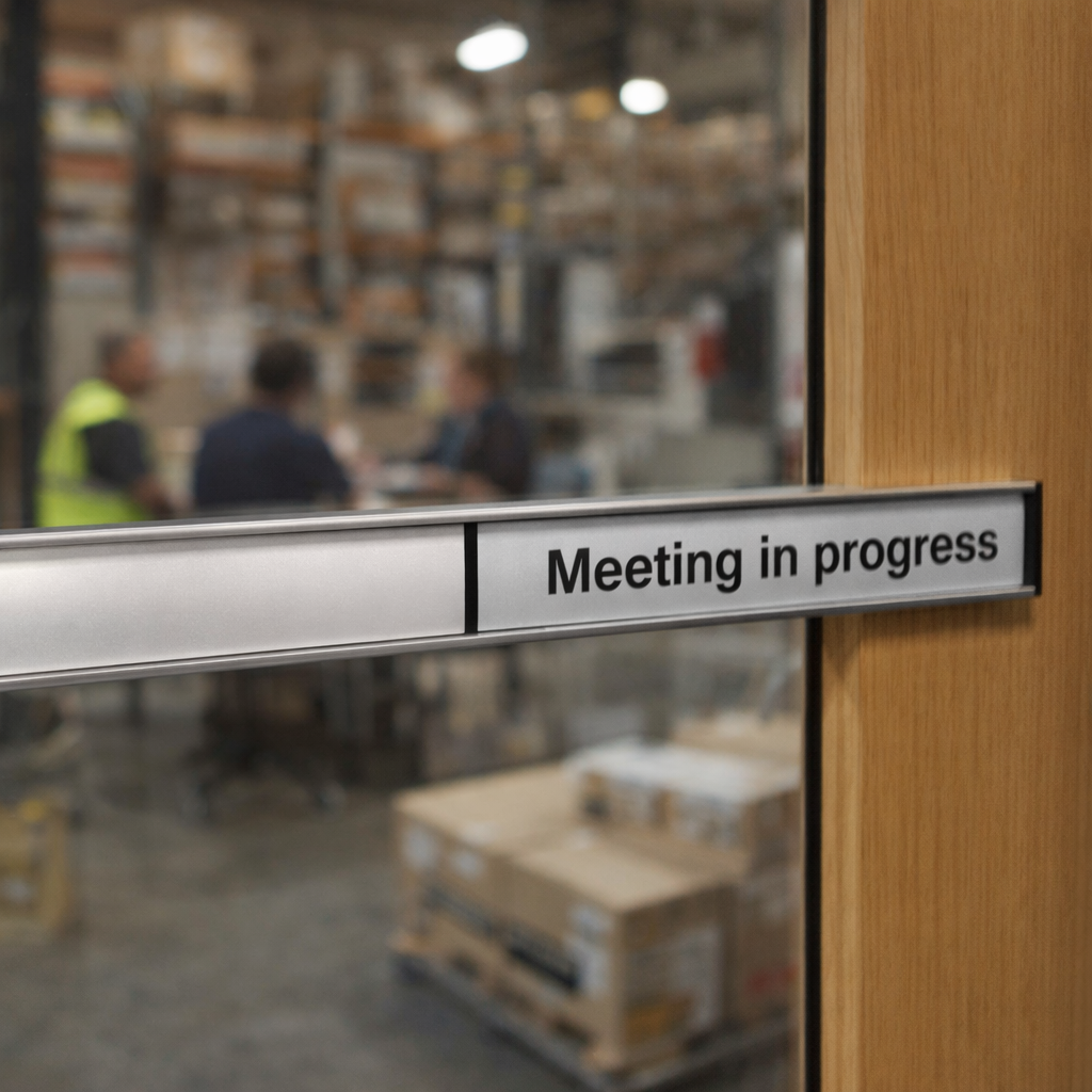 Meeting In Progress Door Slider Sign – 300mm x 40mm – Anodised Aluminium – Office Privacy
