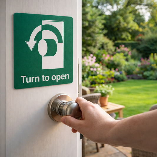 Safety Directional Sign – Turn Left to Open – Indoor/Outdoor Use