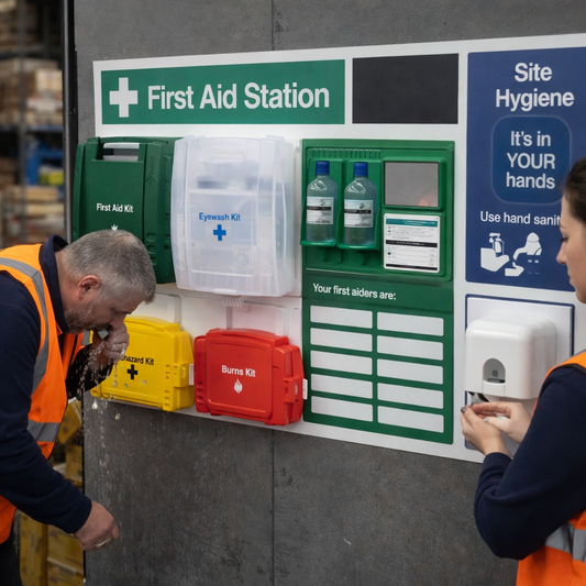 First Aid Station with Sanitising Dispenser – 1200mm x 680mm – Rigid Plastic – Industrial Use