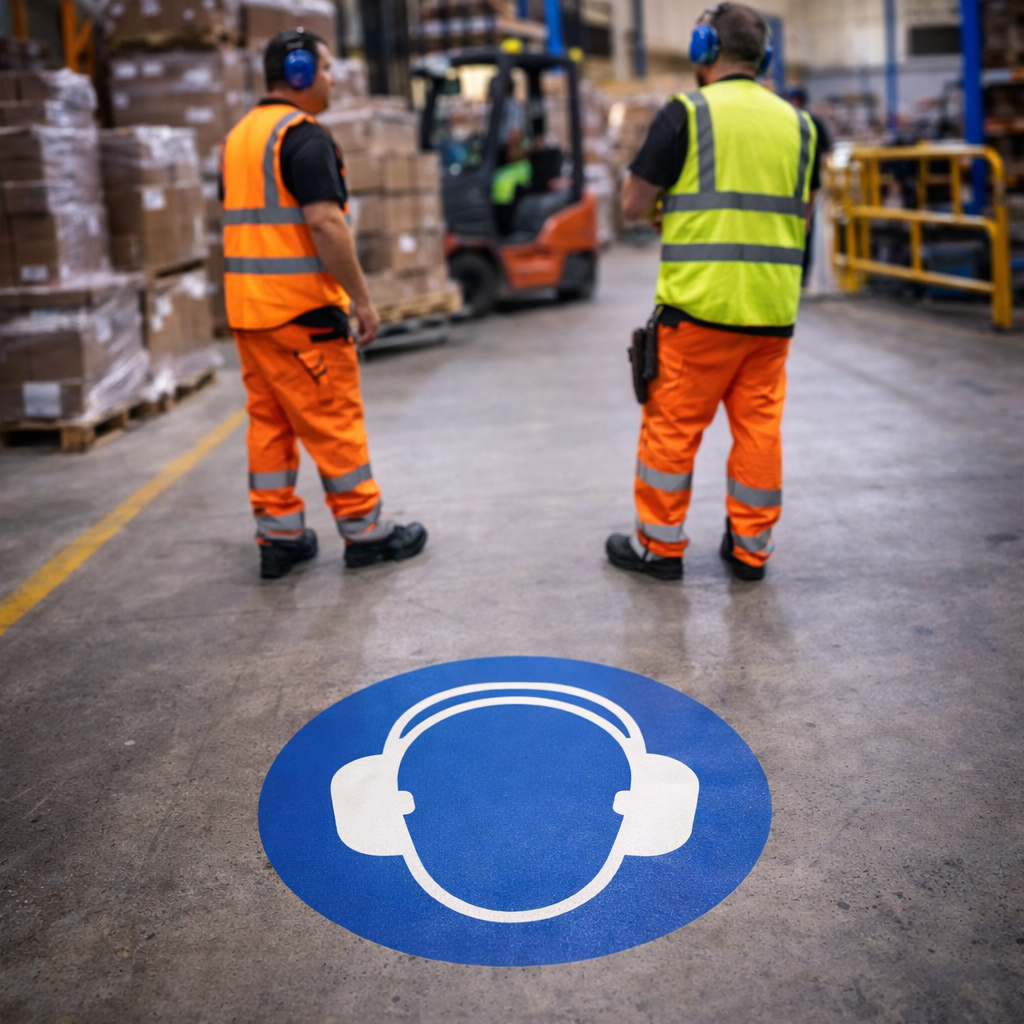 Ear Protectors Symbol Floor Graphic – 400mm Diameter – Polycarbonate – Factory & Warehouse Use