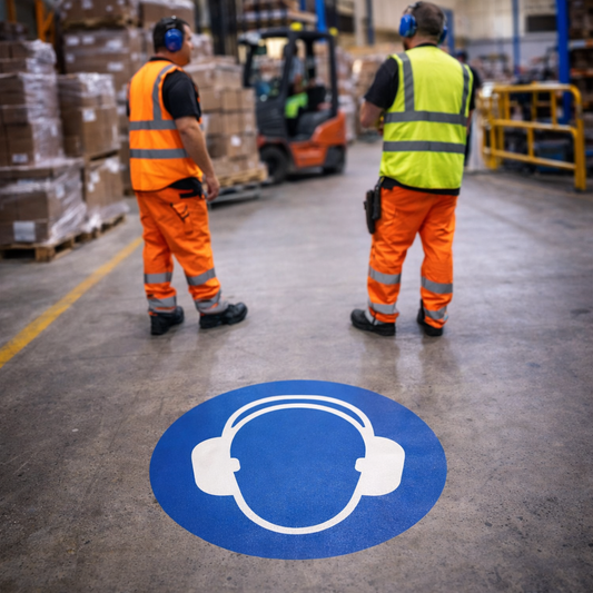 Ear Protectors Symbol Floor Graphic – 400mm Diameter – Polycarbonate – Factory & Warehouse Use