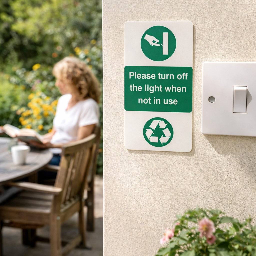 Light Switch Reminder Sign – Please Turn Off Light – 1mm Rigid Plastic – Indoor/Outdoor Use